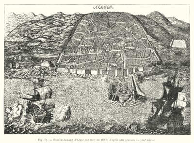 Bombardering av Alger till sjöss, 1683; efter en gravyr från 1600-talet (gravyr) av French School