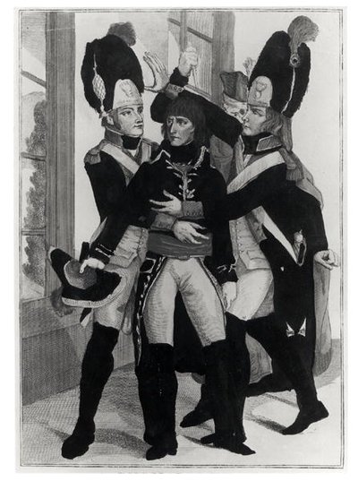 Bonaparte (1769-1821) Skyddad av två grenadjärer under sessionen i St. Cloud, 19 brumaire an 8 (10 november 1799), ca 1800 av French School