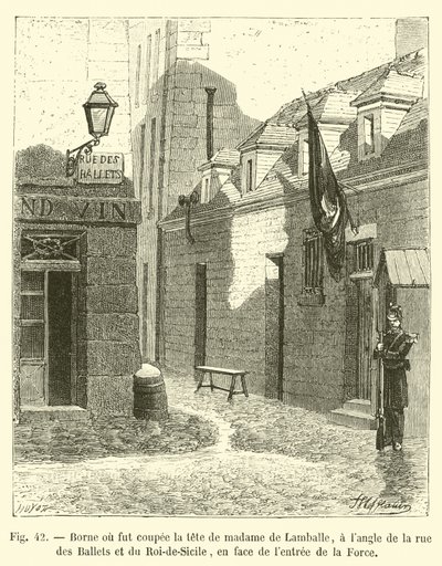 Pollare där Madame de Lamballes huvud skars av, i hörnet av rue des Ballets och rue du Roi-de-Sicile, mittemot ingången till La Force av French School