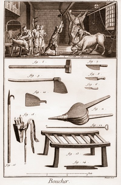 Boucher - Butchery - Butchery - "" The Great Encyclopedia, eller Dictionnaire Raisonne des Sciences, des Arts et des Metiers" (Encyclopedia or Dictionary of the Sciences, Arts and Professions) av Denis Diderot (1713-1784) och Jean d