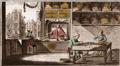 Bouchonnier, tillverkning av korkproppar - "" La Grande Encyclopédie, ou Dictionnaire Raisonne des Sciences, des Arts et des Metiers" (Encyclopedia or Dictionary of the Sciences, Arts and Professions) av Denis Diderot (1713-1784) och Jean d