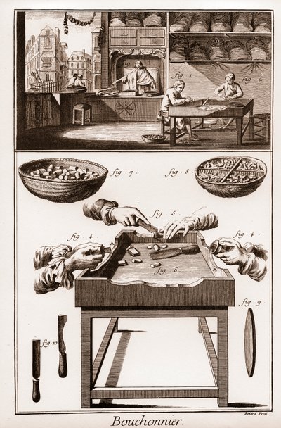 Bouchonnier, tillverkning av korkproppar - "" La Grande Encyclopédie, ou Dictionnaire Raisonne des Sciences, des Arts et des Metiers" (Encyclopedia or Dictionary of the Sciences, Arts and Professions) av Denis Diderot (1713-1784) och Jean d