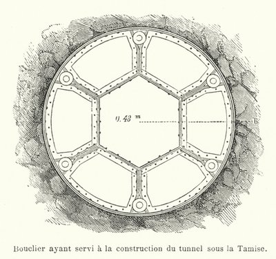 Sköld som användes vid byggandet av tunneln under Themsen (gravyr) av French School