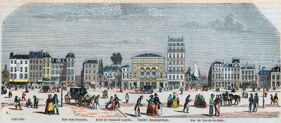 Boulevard Beaumarchais södra sida - Cafe Gibe - Hotel de Ninon de Laclos - Teater Beaumarchais - Rue pas de la mule - Gravyr i "Tableau-de-Paris" av Edmond Texier 1852 av French School
