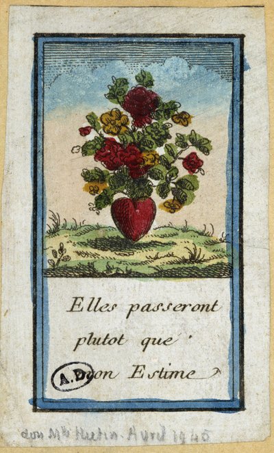 Bukett blommor i ett hjärta: "" De kommer att passera snarare än min aktning"" - gravyr av French School