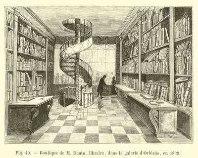 Butik av M Dentu, bokhandlare, i galleriet i Orleans, 1829 av French School