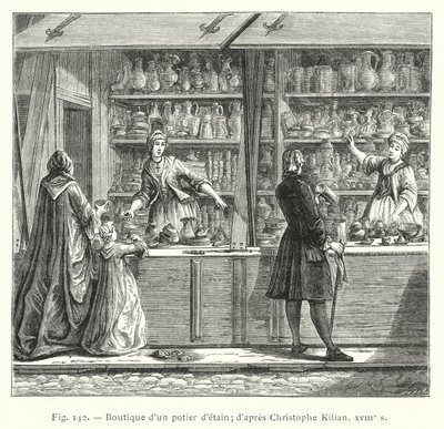En krukmakare i tenn; efter Christophe Kilian, 1700-tal (gravyr) av French School