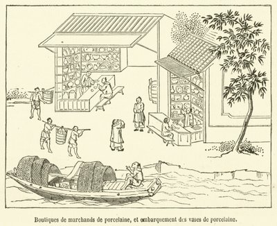 Butiker av porslinshandlare och ombordstigning av porslinsvaser (gravyr) av French School