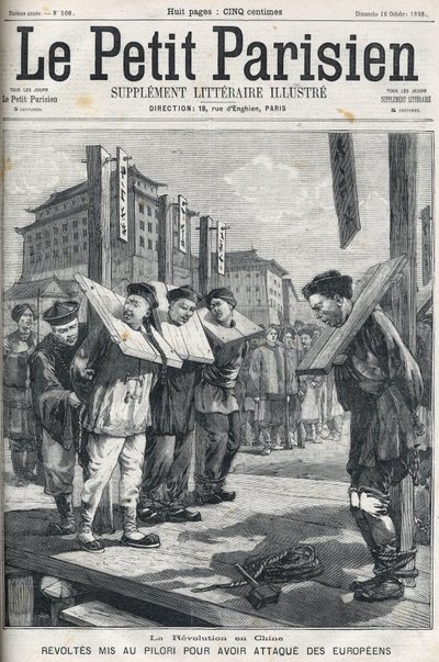 Boxerrevolt i Kina 1898: Revolter sattes i pelare för att attackera européer. Omslag till "" Le petit parisien"" från 1898. av French School