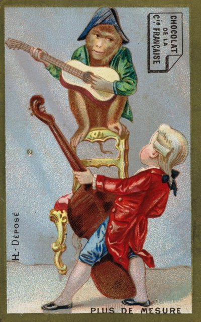 Pojke och apa spelar musikinstrument tillsammans (chromolitho) av French School