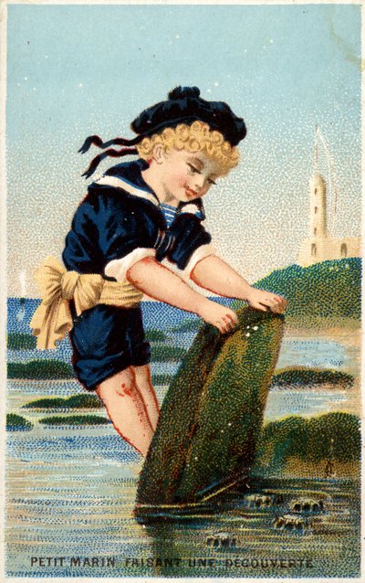 Pojke tittar under sten på stranden av French School