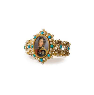Armband som innehåller en miniatyr av Louis-Philippe I, fransmännens kung (guld, pärlor, turkos och akvarell på elfenben) (se även 356598) av French School