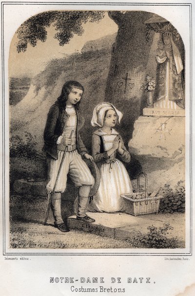 Bretonska kostymer - Notre-Dame de Batz - gravering i "THE SOURIES OF MY FOUR MEMORIES AND TRAVEL RECITTS" av MORING MICHEL - Slutet av 1800-talet av French School