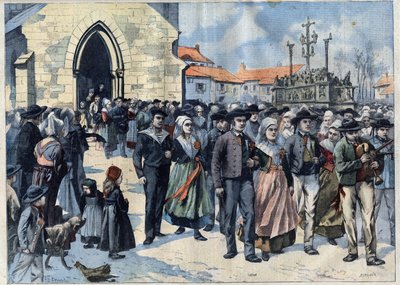 Bretonsk sed: Traditionellt äktenskap i Plougastel (Finistere, Bretagne). Äktenskap lämnar kyrkan. Gravyr i "" Le Petro Parisien"" av French School