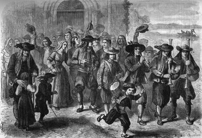 Bretonsk sed: par unga äktenskap vid utgången av kyrkan. På toppen av kortegen finns spelare av biniou och trumma. Treguennec, Finistere (29) av French School