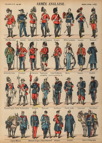 Brittiska och spanska militäruniformer (färgad gravyr) av French School
