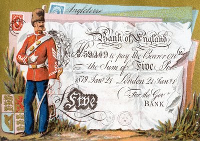 Brittisk armésoldat som vaktar en Bank of England Five Pound-sedel, 1886-95 av French School