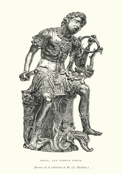 Bronsfigur av den antika grekiska poeten Arion, av den italienska renässansskulptören Andrea Riccio, sent 1400-tal eller tidigt 1500-tal (gravyr) av French School