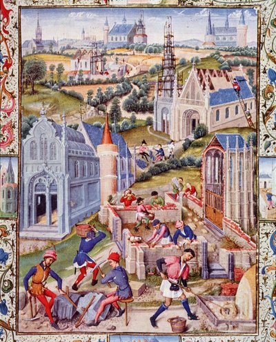 Byggarbetsplatser i Saint Denis (stad) för uppförandet av 12 kyrkor till de 12 apotrarnas ära. Miniatyr hämtad från "Livet för Tres Noble Count Gerard de Roussillon" av French School