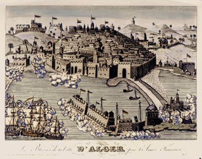 KOLONIALISM: Den franska arméns blockad av staden Alger. 1830 (gravyr i färg) av French School