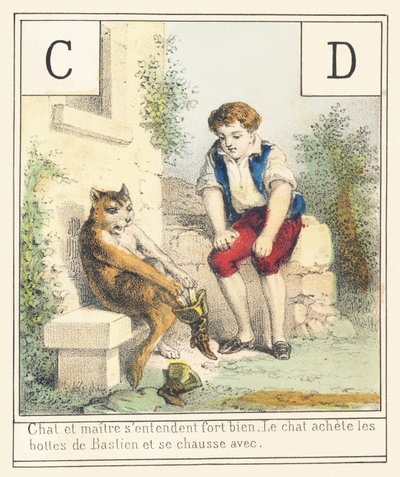 C D: Katt och husse kommer väldigt bra överens Katten knoppar Bastiens stövlar och stövlar med av French School