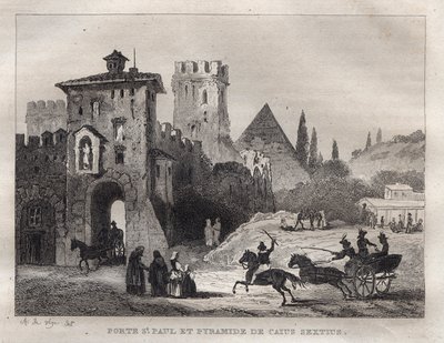Caius Cestus Pyramid och St Paul Porte i Rom Porte Saint Paul och Pyramid av Caius Sextus a Rome - Gravyr från "" Pittoreska Italien"" - Historisk och beskrivande målning av Italien"" av M. de Norvins, Ch. Nodier 1834-1836. av French School