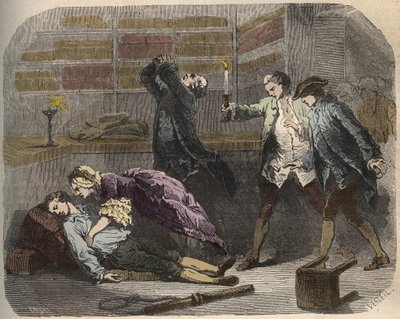 Calas-fallet: den 13 oktober 1761 hittades Marc Antoine Calas död i familjebutiken i Toulouse - Gravyr i "Causes celebres de tous les peuples" av Armand Fouquier (1817-18?) 1858-1867 - privat samling av French School