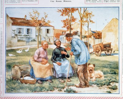 Post- och telestyrelsens (PTT) kalender med tre bönder som diskuterar. 1900-talet av French School
