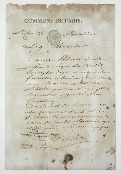 Uppmaning från Maximilien de Robespierre (1758-94) att gå med i kommunen, 9 Thermidor An 2 (27 juli 1794) (penna och bläck på papper) av French School