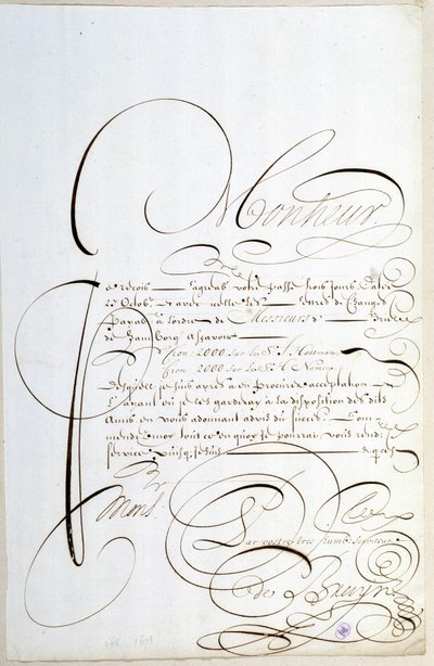 Kalligrafi: Räkenskapsbrev kalligraferat omkring 1678 av Francois de Bruyn. av French School
