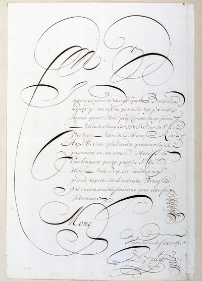 Kalligrafi: Räkenskapsbrev kalligraferat omkring 1678 av Francois de Bruyn. Historiska biblioteket i staden Paris av French School