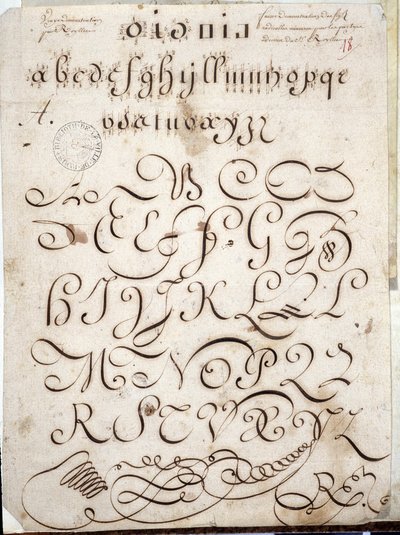 Kalligrafi: Manuskriptbit av rund på velin prydd med arabesker omkring 1813 av Sebastien Royllet. Historiska biblioteket i Paris City av French School