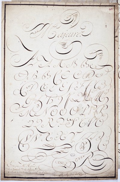 Kalligrafi: Plåt med versaler som kallas major batardes, kalligraferad den 5 april av French School