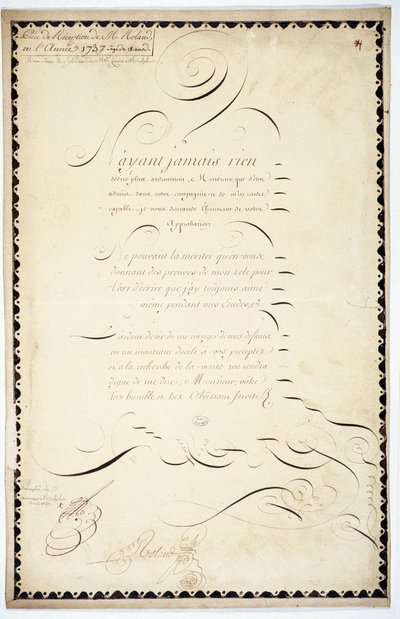 Kalligrafi: Receptionsstycke daterat 1737 av Andre Francois Roland. av French School
