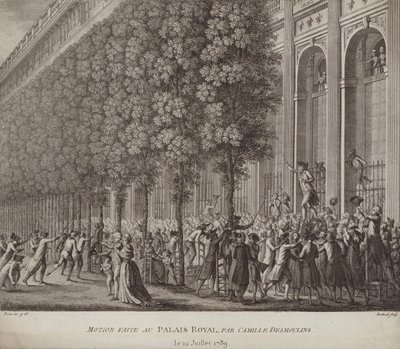 Camille Desmoulins ger en uppmaning till folket på Palais Royal, Paris av French School