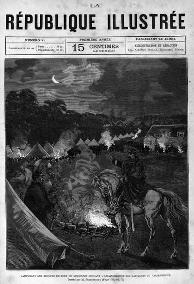 Läger för trupperna i Fort de Vincennes under saneringen av byggnaderna. En tidning. Gravyr från 1880 i "La republique illustree"" privat samling. av French School