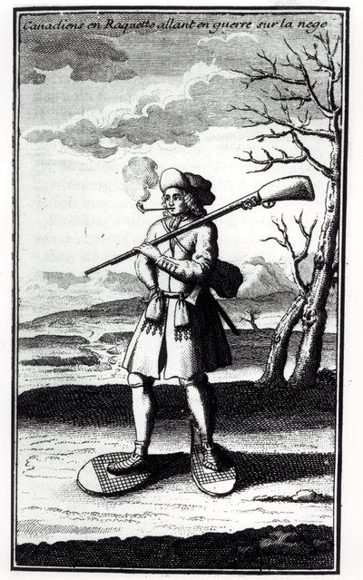 Kanadensare med snöskor som går i krig mot snön, från Histoire de lAmerique septentrionale av Bacqueville de La Potherie (1663-1736) publicerad 1753 av French School