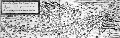 Canal du Midi, som förbinder Atlanten med Medelhavet, börjar i Toulouse och slutar, efter Agde, vid Etang de Thau (bw-foto från 1600-talets gravyr) av French School