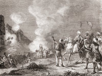 Kanon som användes som belägringsmaskiner av sultanen Abu Yaqub Yusuf vid belägringen av Sijilmasa, Marocko 1274, från Les Merveilles de la Science, publicerad ca 1870 (gravyr) av French School