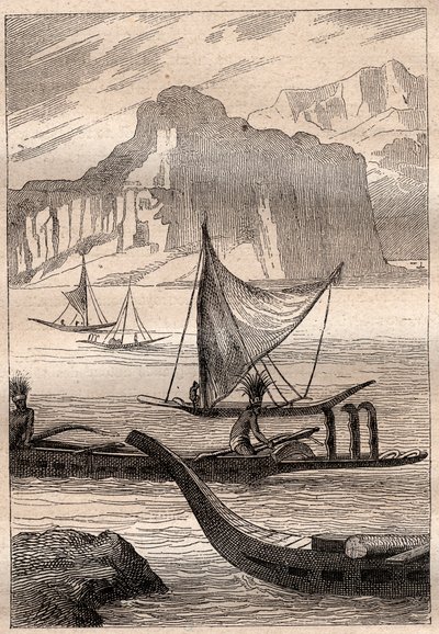 Kanoter från Marquisesöarna - illustration hämtad från "The Great Mariners of the 18th century"" av French School