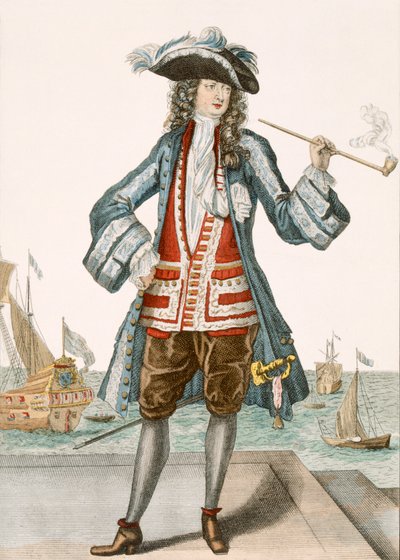 Kapten Jean Bart av Dunkerque 88:Le Capitaine Jean Baert de Dunquerque, flottans kapten, står och röker en lång pipa på hamnen; Jean Bart (1651-1702), flamländsk sjöman w av French School