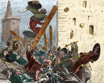 Tillfångatagandet av Carcassonne under korståget mot Albigeers i augusti 1209. Gravyr i "" Histoire De France En Cent-målningar av Paul Lehugeur "" 1891 av French School