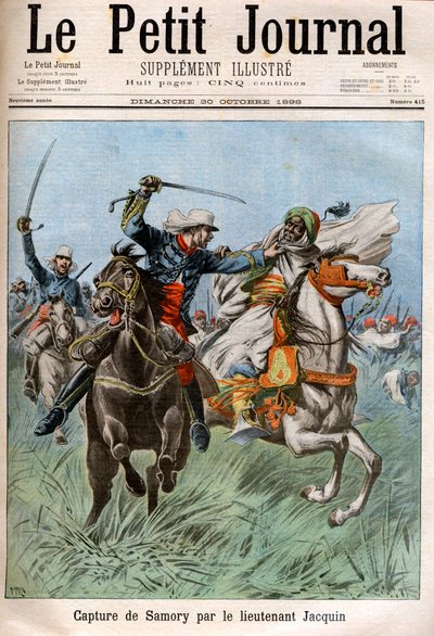 Tillfångatagandet av Samory Toure (cirka 1830-1900), sudanesisk ledare och motståndare till fransk kolonisering i Afrika, av kapten Gouraud och löjtnant Jacquin. Sudan av French School