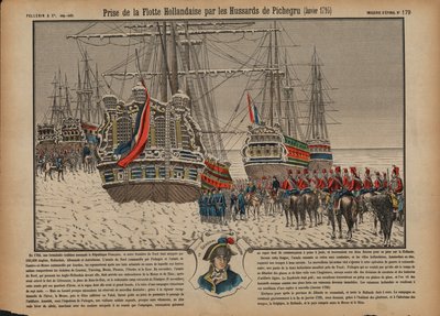Erövring av den holländska flottan på den frusna Ijsselmeer av franska husarer under befäl av general Pichegru, januari 1795 (färgad gravyr) av French School