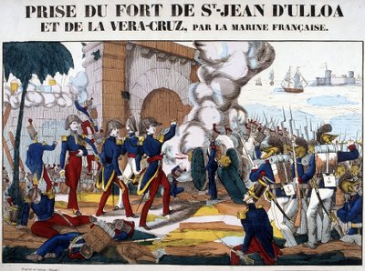 Fångst av fortet Saint John of Ulloa och La Vera Cruz i Mexiko i november 1838. Bild på Epinal av French School