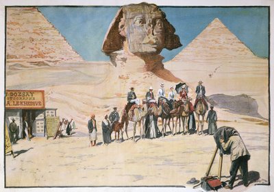 Karavan av turister som fotograferas framför sfinxen i Giza av French School