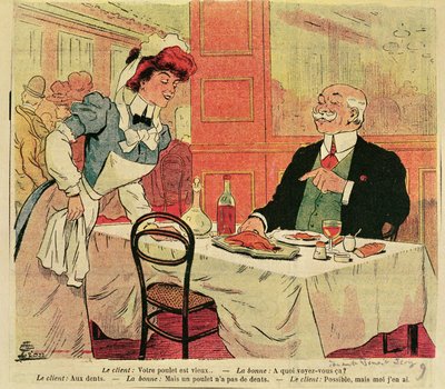 Karikatyr av kund och servitris i en restaurang, c.1905 av French School