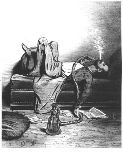 Karikatyr av den romantiska författaren som söker sin inspiration i hasch, ca. 1849 av French School