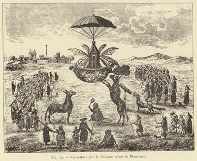 Karikatyr på det flygande fartyget av Blanchard (gravyr) av French School