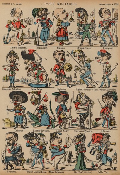 Karikatyrer av militära figurer (färgad gravyr) av French School